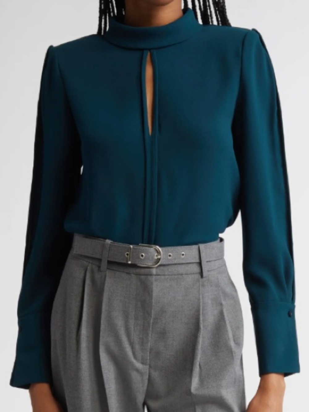 REISS Cherry Teal Keyhole Blouse Shoulder Pads Long Sleeve Size 6